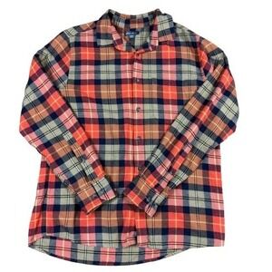 Eddie Bauer Mens Cotton Flannel Shirt Orange Blue Plaid Button Up‎ Size Medium